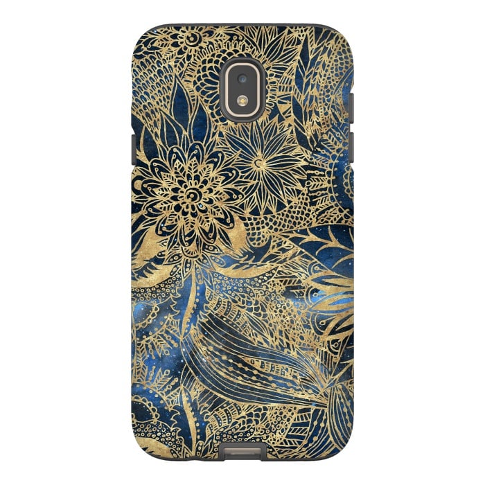 Galaxy J7 StrongFit Elegant gold floral mandala and blue nebula design by InovArts