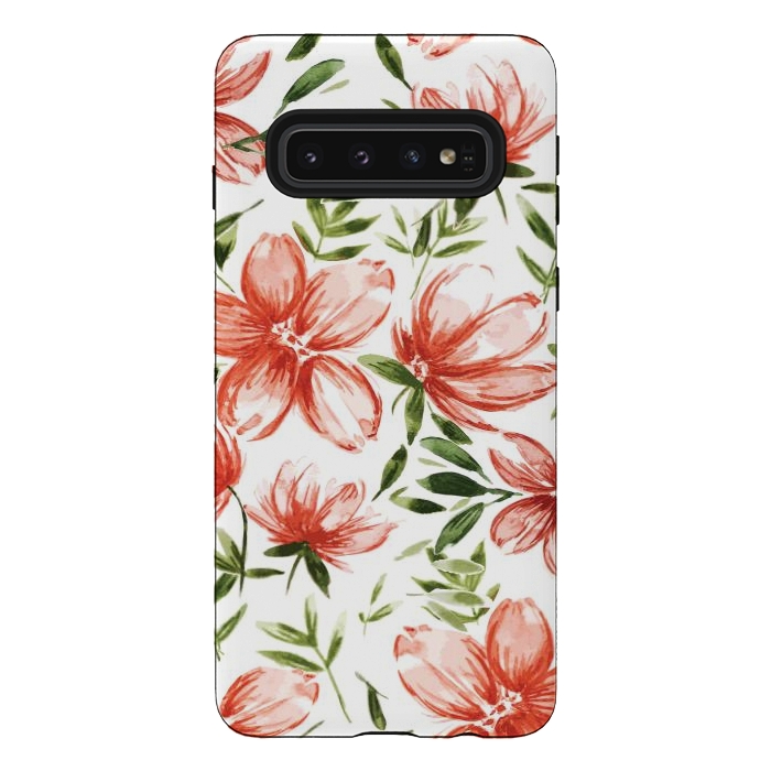 Galaxy S10 StrongFit Red Watercolor Flowers by Bledi