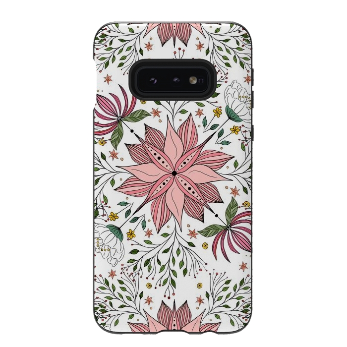 Galaxy S10e StrongFit Cute Vintage Pink Floral Doodles Tile Art by InovArts