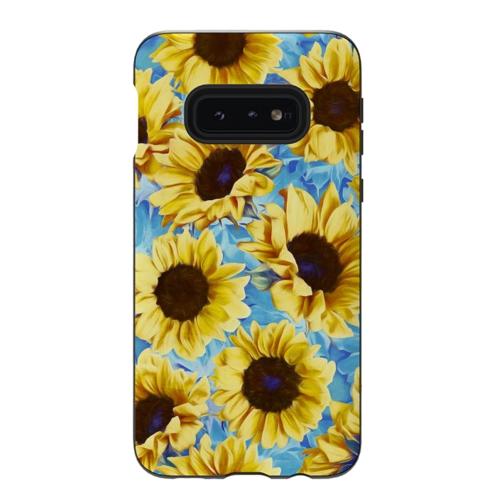 Galaxy S10e StrongFit Dreamy Sunflowers on Blue by Micklyn Le Feuvre