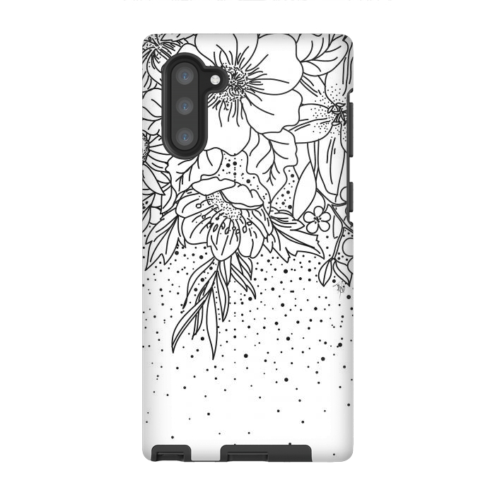 Galaxy Note 10 StrongFit Cute Black White floral doodles and confetti design by InovArts