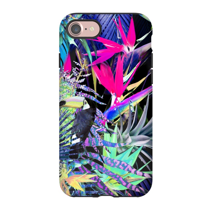 iPhone 7 StrongFit Colorful neon toucan and strelitzia jungle pattern by Oana 