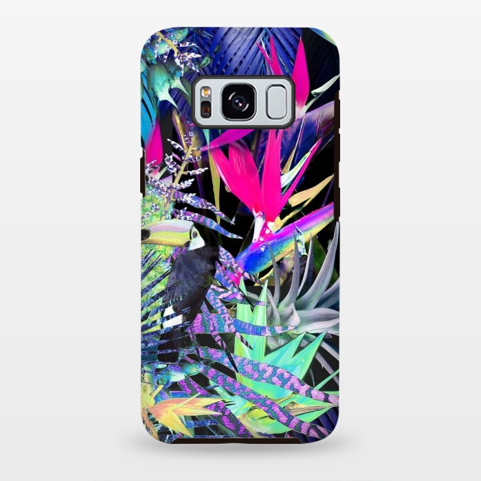 Galaxy S8 plus StrongFit Colorful neon toucan and strelitzia jungle pattern by Oana 