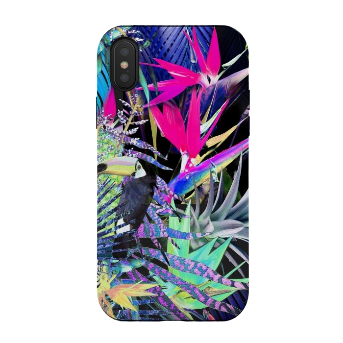 iPhone Xs / X StrongFit Colorful neon toucan and strelitzia jungle pattern by Oana 