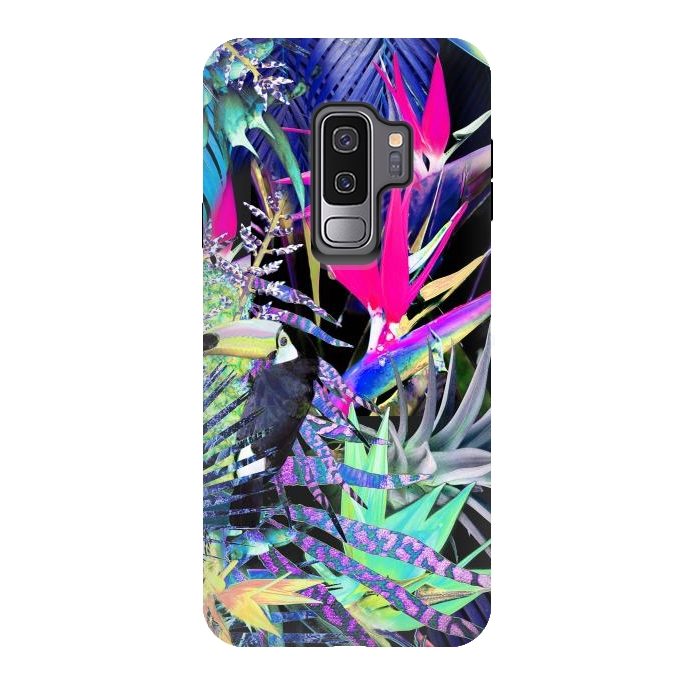Galaxy S9 plus StrongFit Colorful neon toucan and strelitzia jungle pattern by Oana 