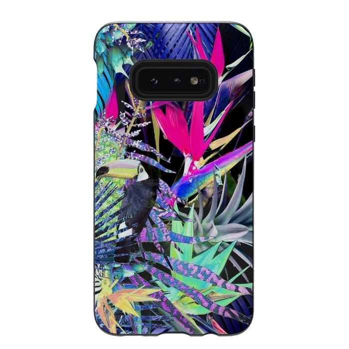 Galaxy S10e StrongFit Colorful neon toucan and strelitzia jungle pattern by Oana 