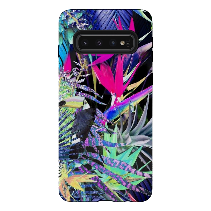 Galaxy S10 StrongFit Colorful neon toucan and strelitzia jungle pattern by Oana 