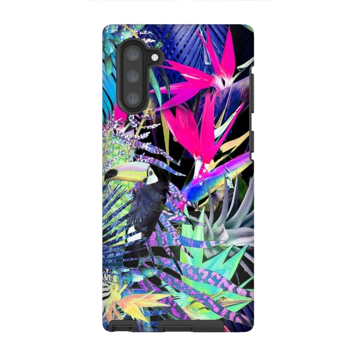 Galaxy Note 10 StrongFit Colorful neon toucan and strelitzia jungle pattern by Oana 