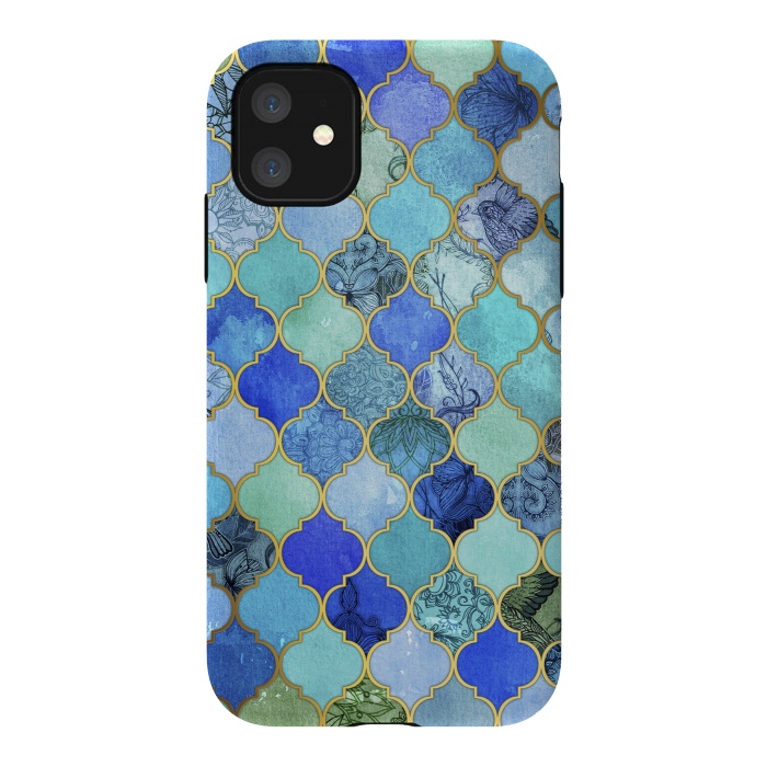 iPhone 11 StrongFit Cobalt Blue Aqua and Gold Decorative Moroccan Tile Pattern by Micklyn Le Feuvre