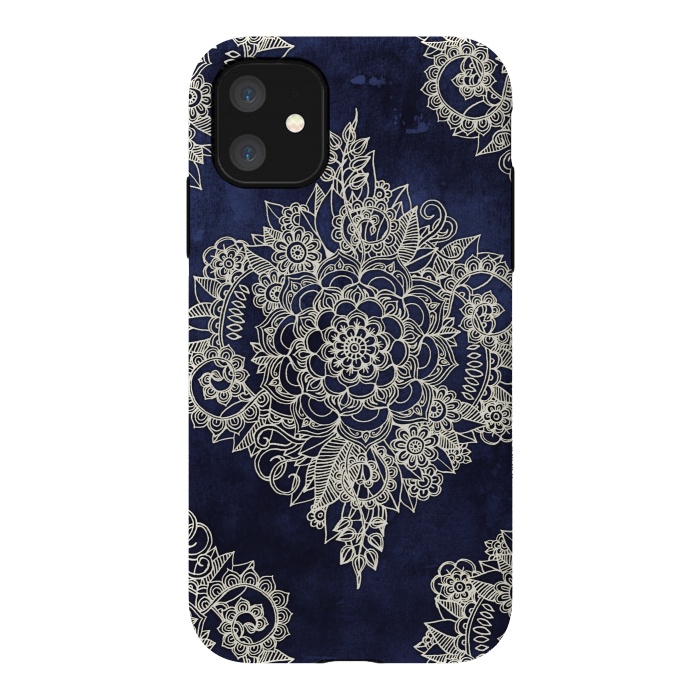 iPhone 11 StrongFit Cream Floral Moroccan Pattern on Deep Indigo Ink by Micklyn Le Feuvre