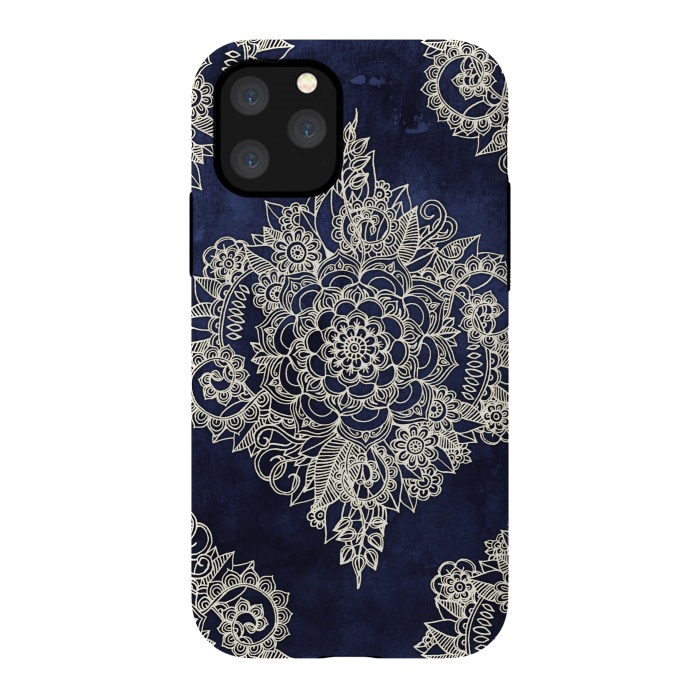 iPhone 11 Pro StrongFit Cream Floral Moroccan Pattern on Deep Indigo Ink by Micklyn Le Feuvre