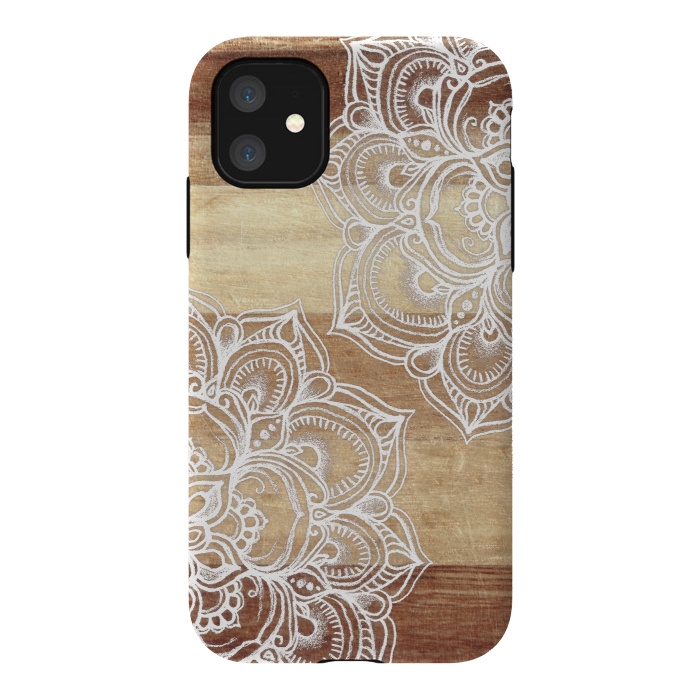 iPhone 11 StrongFit White doodles on blonde wood by Micklyn Le Feuvre