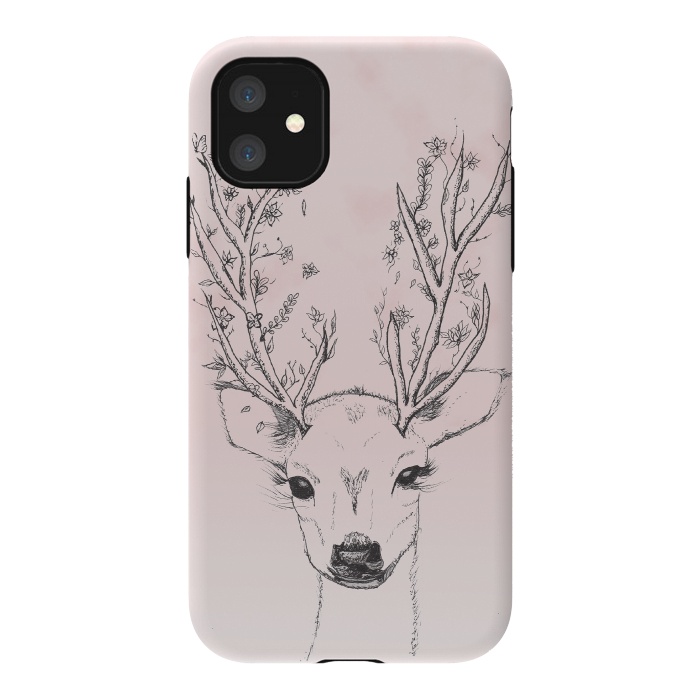 iPhone 11 StrongFit Cute Handdrawn Floral Deer Antlers Pink by Girly Trend