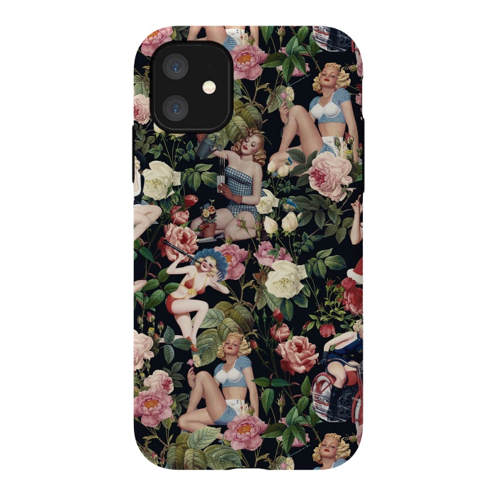 iPhone 11 StrongFit Floral and Pin Up Girls Pattern by Burcu Korkmazyurek