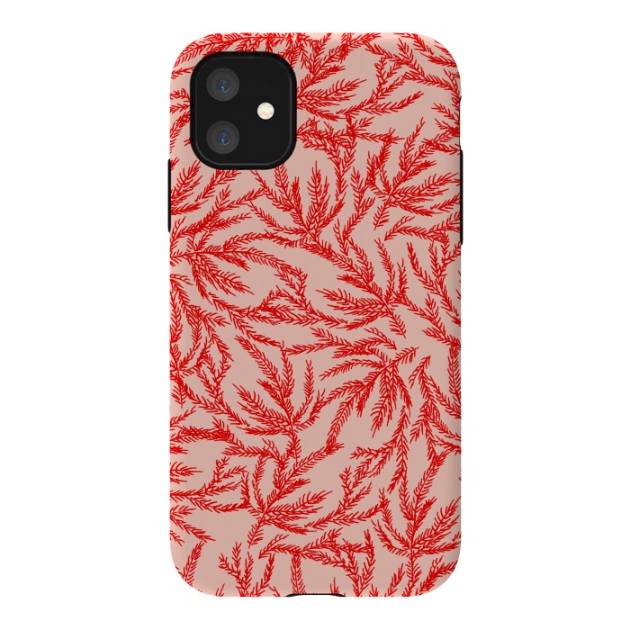 iPhone 11 StrongFit Red and Pink Coral Ferns by Caitlin Workman