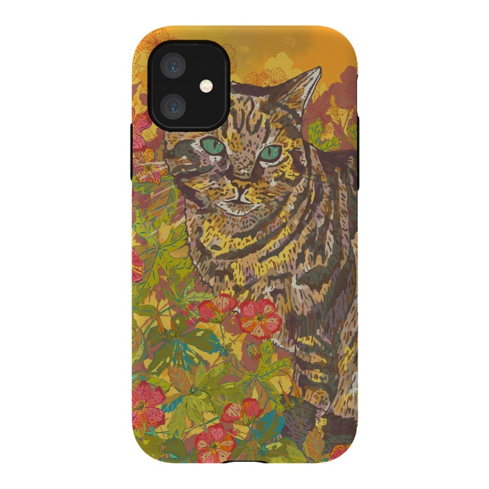 iPhone 11 StrongFit Tabby Cat in Geraniums by Lotti Brown