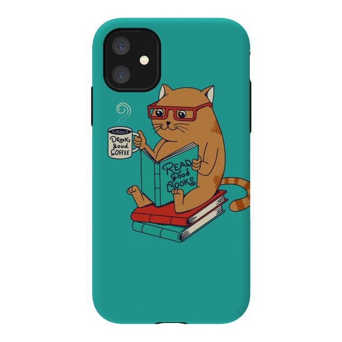 iPhone 11 StrongFit Cat coffee and books by Coffee Man