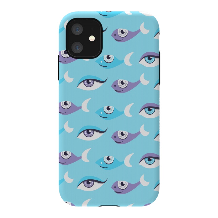 iPhone 11 StrongFit Pattern of purple and blue eyes and fish in sea by Boriana Giormova