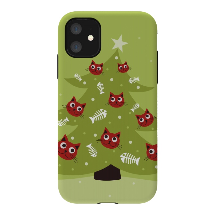 iPhone 11 StrongFit Cat Christmas Tree With Fish Ornaments by Boriana Giormova