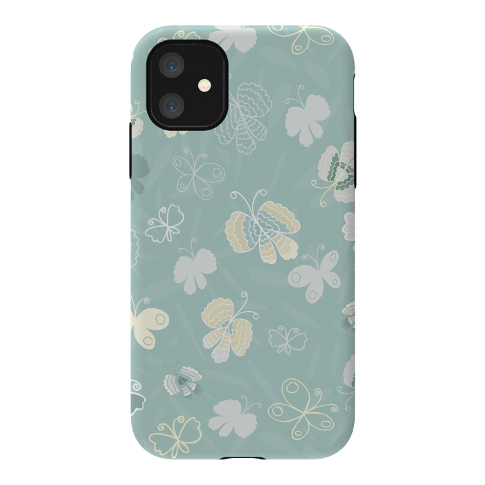 iPhone 11 StrongFit Pretty Yellow and White Butterflies on Teal by Paula Ohreen