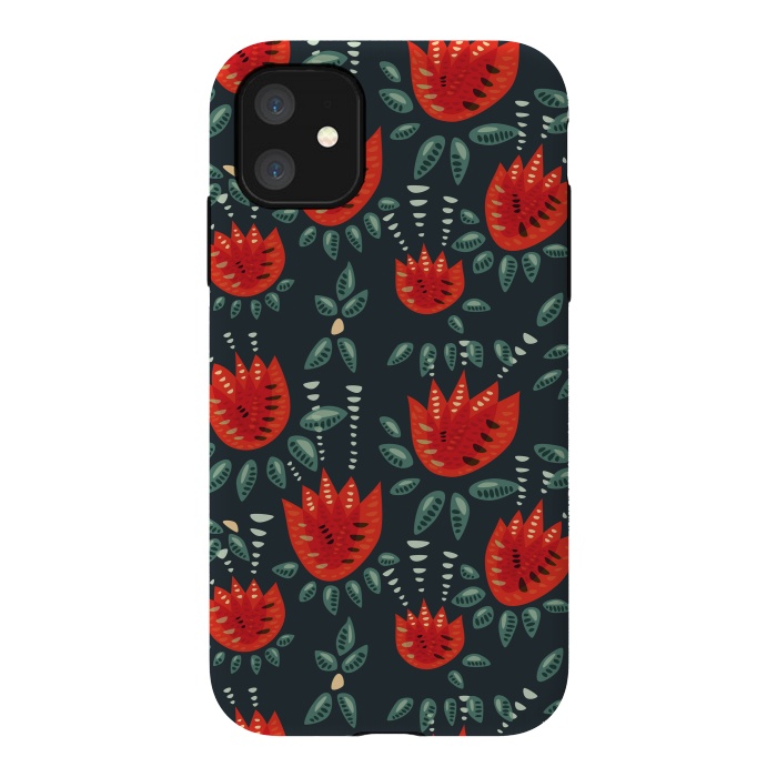 iPhone 11 StrongFit Red Tulips Dark Floral Pattern by Boriana Giormova
