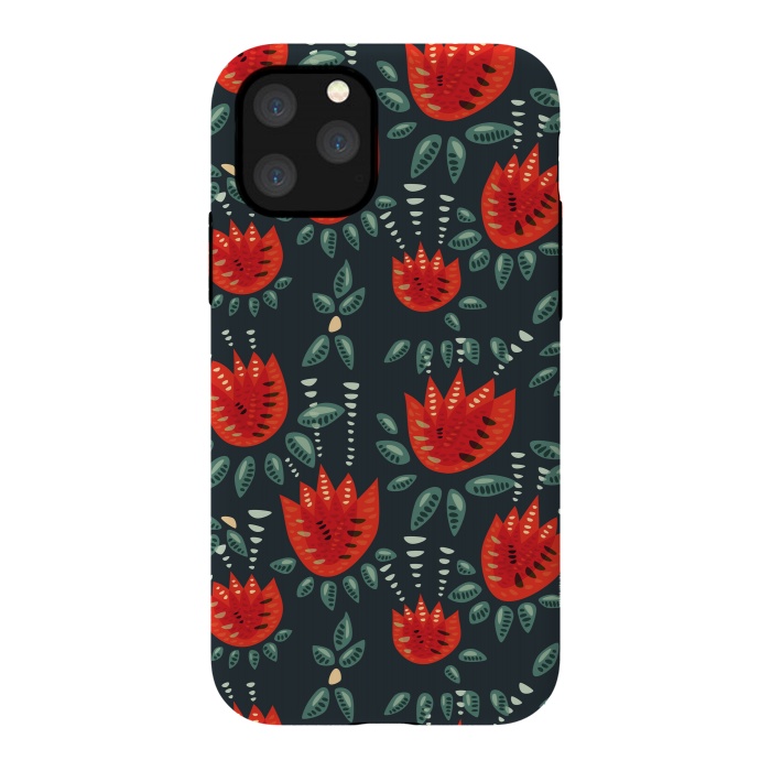iPhone 11 Pro StrongFit Red Tulips Dark Floral Pattern by Boriana Giormova
