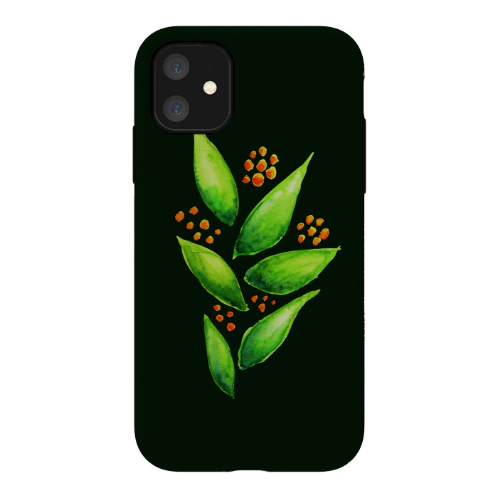 iPhone 11 StrongFit Abstract watercolor green plant with orange berries by Boriana Giormova
