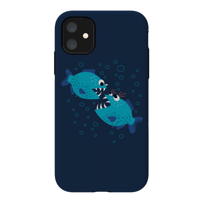 iPhone 11 StrongFit Gossiping Blue Cartoon Piranha Fish by Boriana Giormova