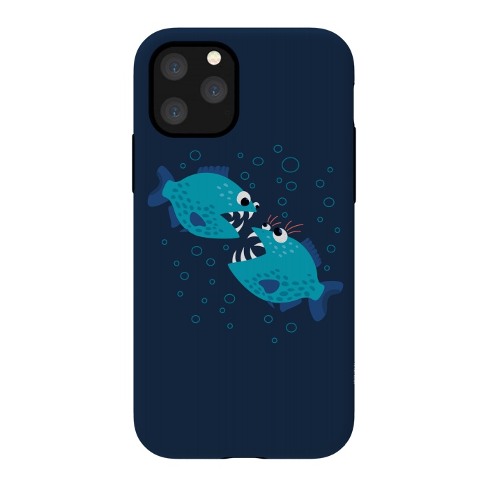 iPhone 11 Pro StrongFit Gossiping Blue Cartoon Piranha Fish by Boriana Giormova
