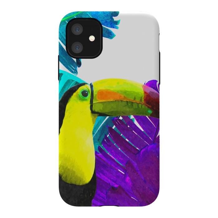 iPhone 11 StrongFit Tropical Toucan Palm Leaves by Alemi
