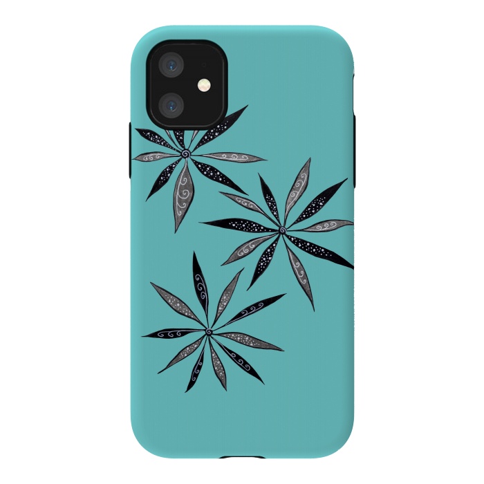 iPhone 11 StrongFit Elegant Thin Flowers With Dots And Swirls On Blue by Boriana Giormova