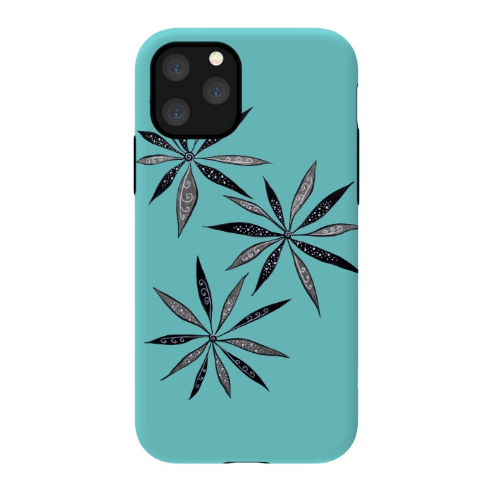 iPhone 11 Pro StrongFit Elegant Thin Flowers With Dots And Swirls On Blue by Boriana Giormova