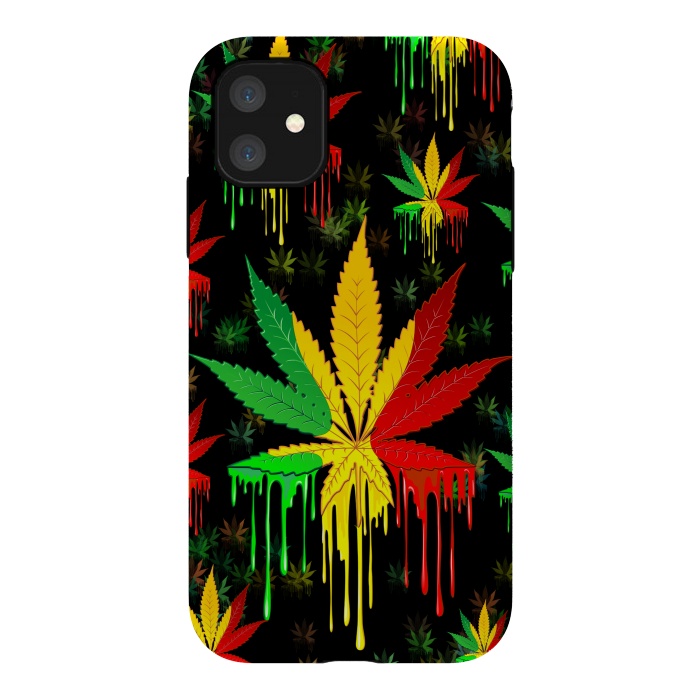 iPhone 11 StrongFit Marijuana Leaf Rasta Colors Dripping Paint by BluedarkArt