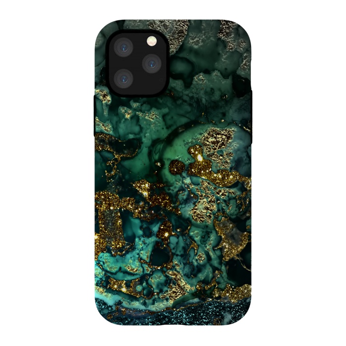 iPhone 11 Pro StrongFit Indigo Green and Gold Glitter Ink Marble by  Utart