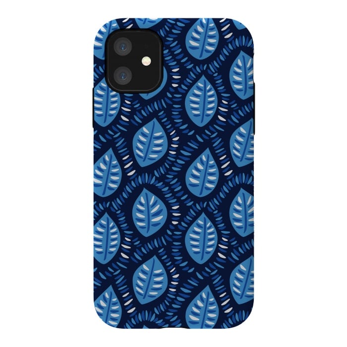 iPhone 11 StrongFit Blue Decorative Geometric Leaves Pattern by Boriana Giormova