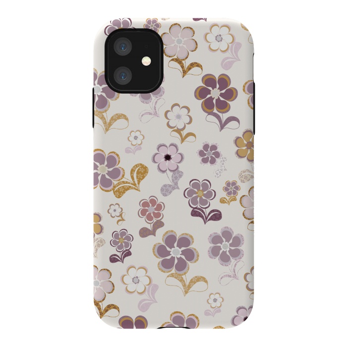iPhone 11 StrongFit 60s Flowers in Purple and Mustard by Paula Ohreen