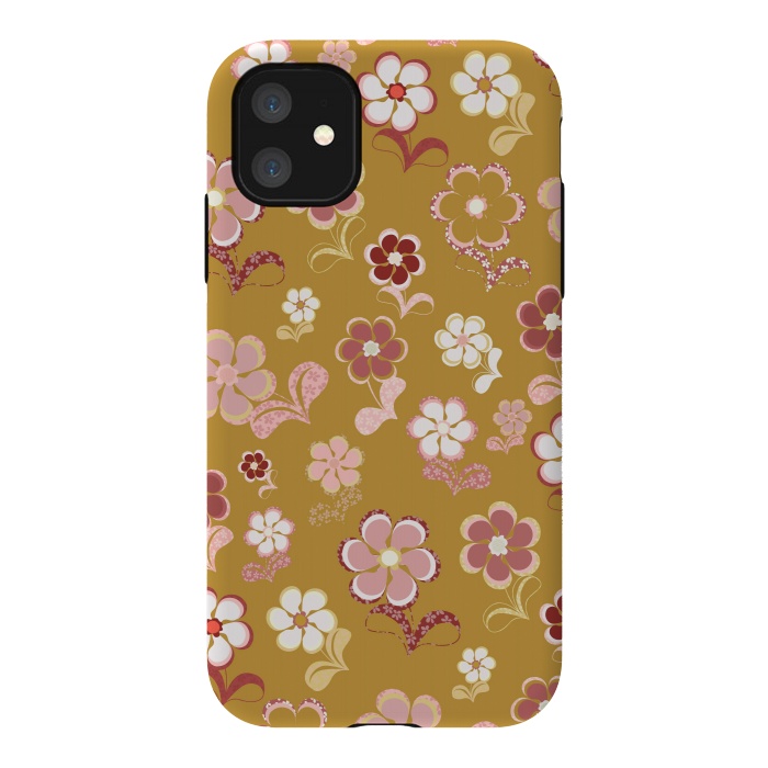 iPhone 11 StrongFit 60s Flowers in Mustard and Pink by Paula Ohreen