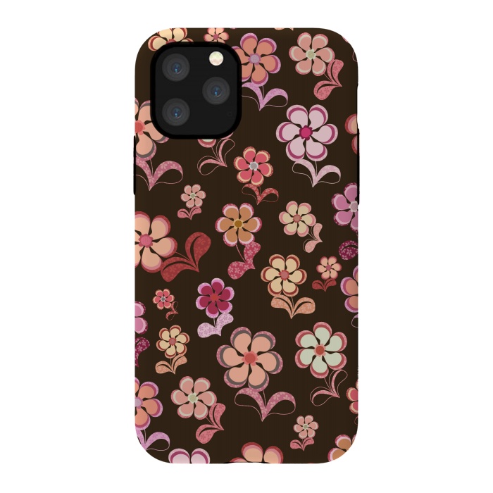 iPhone 11 Pro StrongFit 60s Flowers on Chocolate Brown by Paula Ohreen