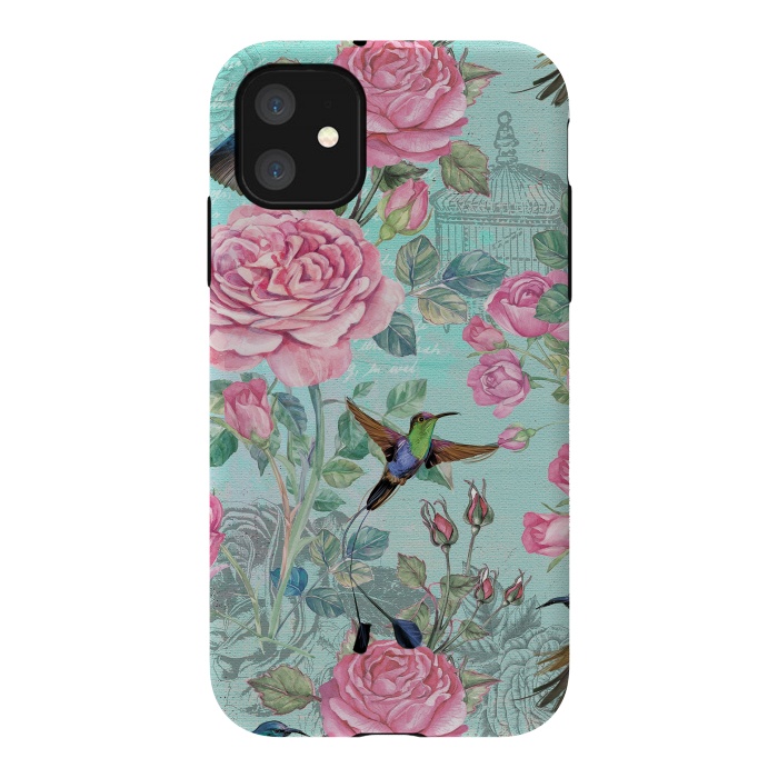 iPhone 11 StrongFit Vintage Roses and Hummingbirds by  Utart