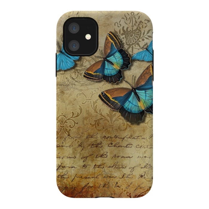 iPhone 11 StrongFit Blue Butterfly Vintage Collage by Andrea Haase