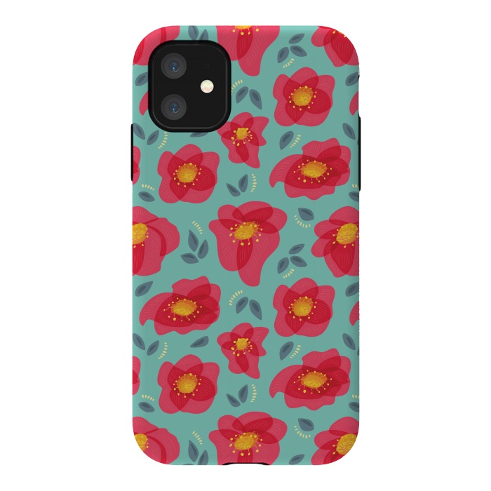iPhone 11 StrongFit Pretty Flowers With Bright Pink Petals On Blue by Boriana Giormova