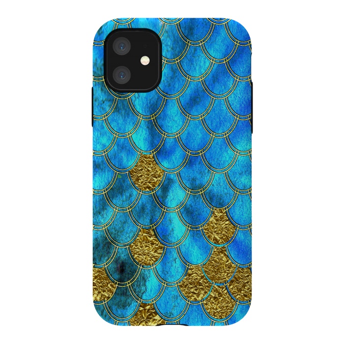 iPhone 11 StrongFit Blue and Gold Glitter Metal Mermaid Scales by  Utart