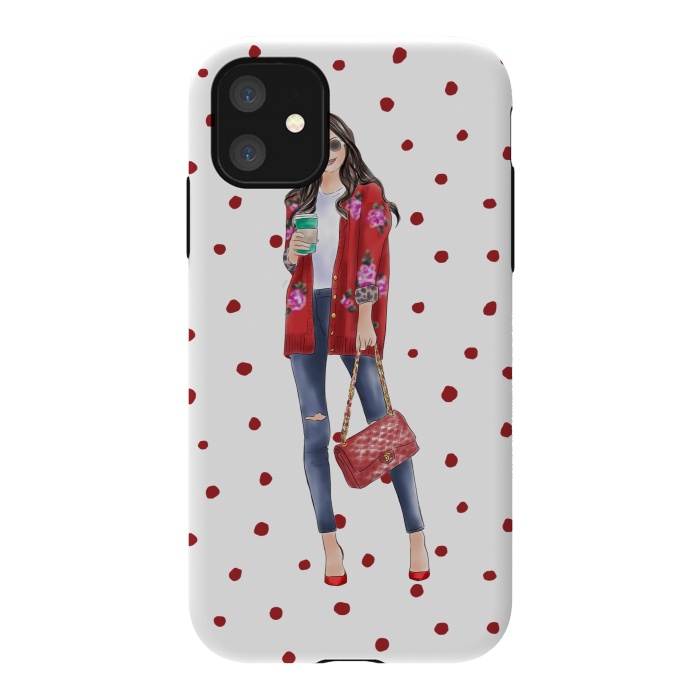 iPhone 11 StrongFit Coffee City Girl with Red Polka Dots by DaDo ART