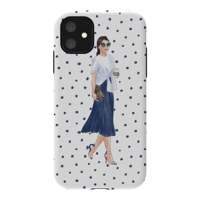 iPhone 11 StrongFit Fashion Coffee Girl with Blue Polka Dots by DaDo ART