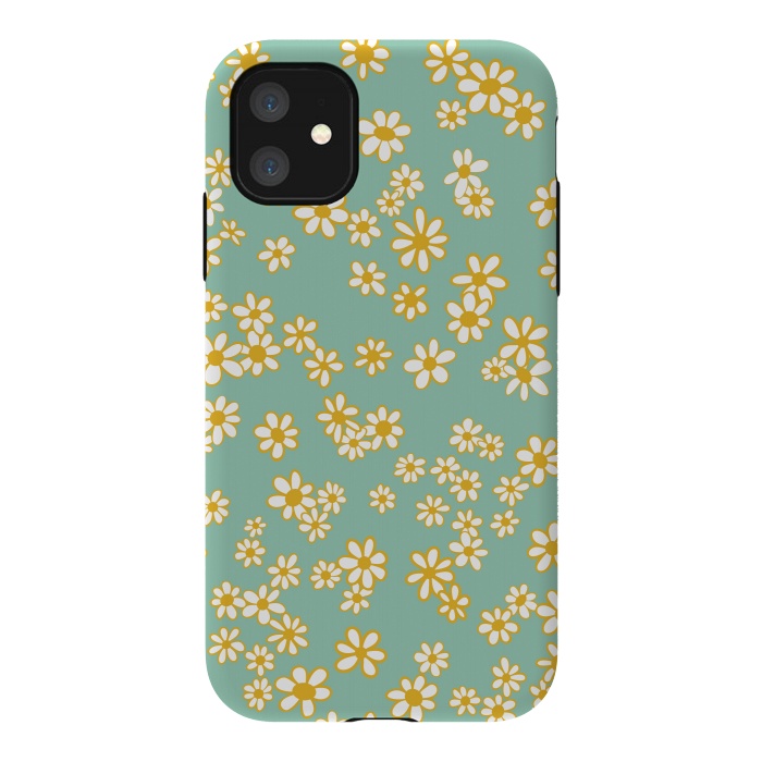 iPhone 11 StrongFit Ditsy Daisies on Teal by Paula Ohreen