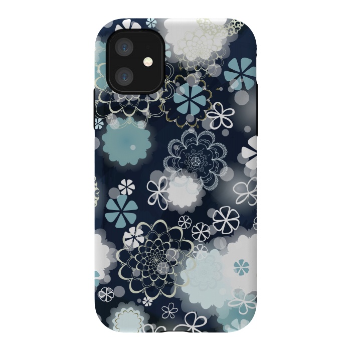 iPhone 11 StrongFit Lacy Flowers on Dark Blue by Paula Ohreen