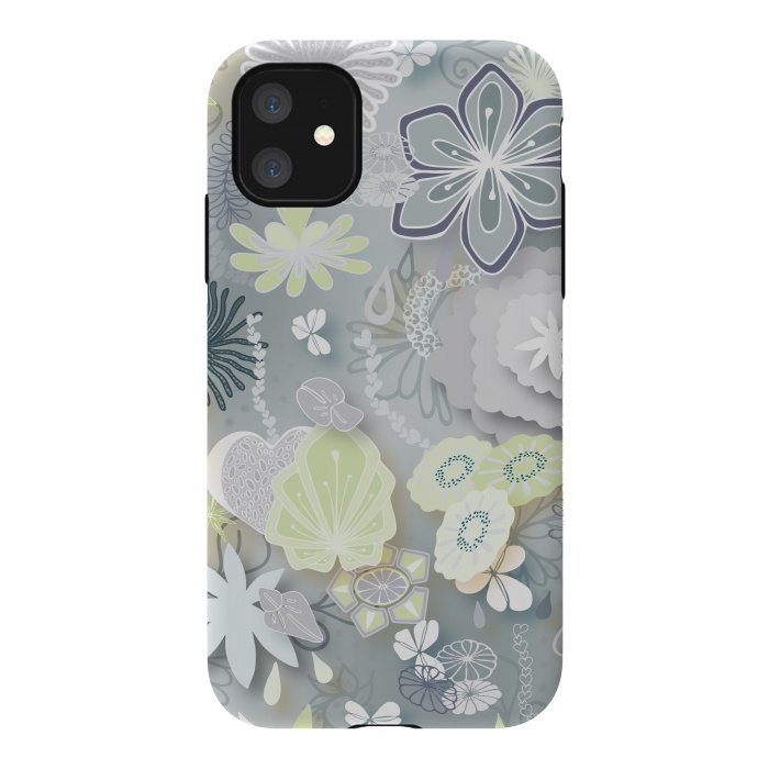 iPhone 11 StrongFit Paper-Cut Florals on Grey by Paula Ohreen