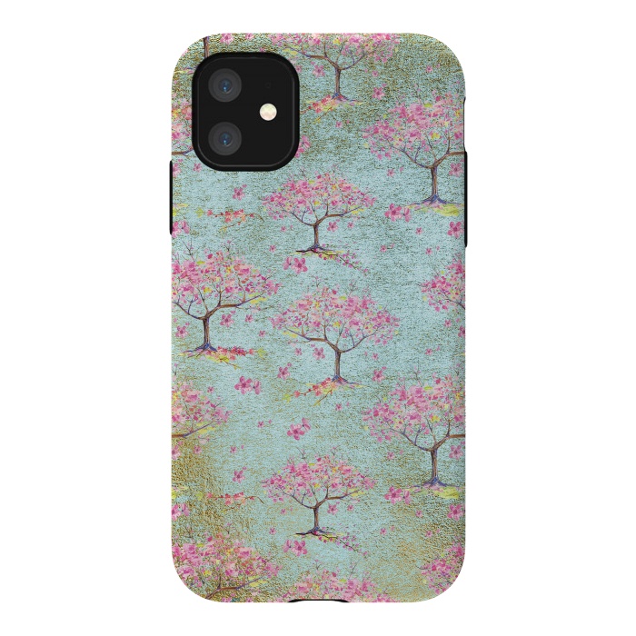 iPhone 11 StrongFit Shiny Teal Spring Metal Cherry Blossom Tree Pattern by  Utart
