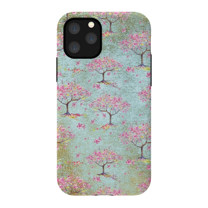 iPhone 11 Pro StrongFit Shiny Teal Spring Metal Cherry Blossom Tree Pattern by  Utart