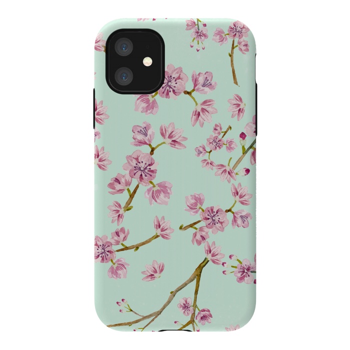 iPhone 11 StrongFit Aqua Teal and Pink Cherry Blossom Branch Spring Pattern by  Utart
